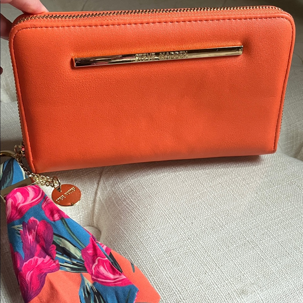 Steve Madden Vibrant Orange Clutch Wallet With Floral Accent